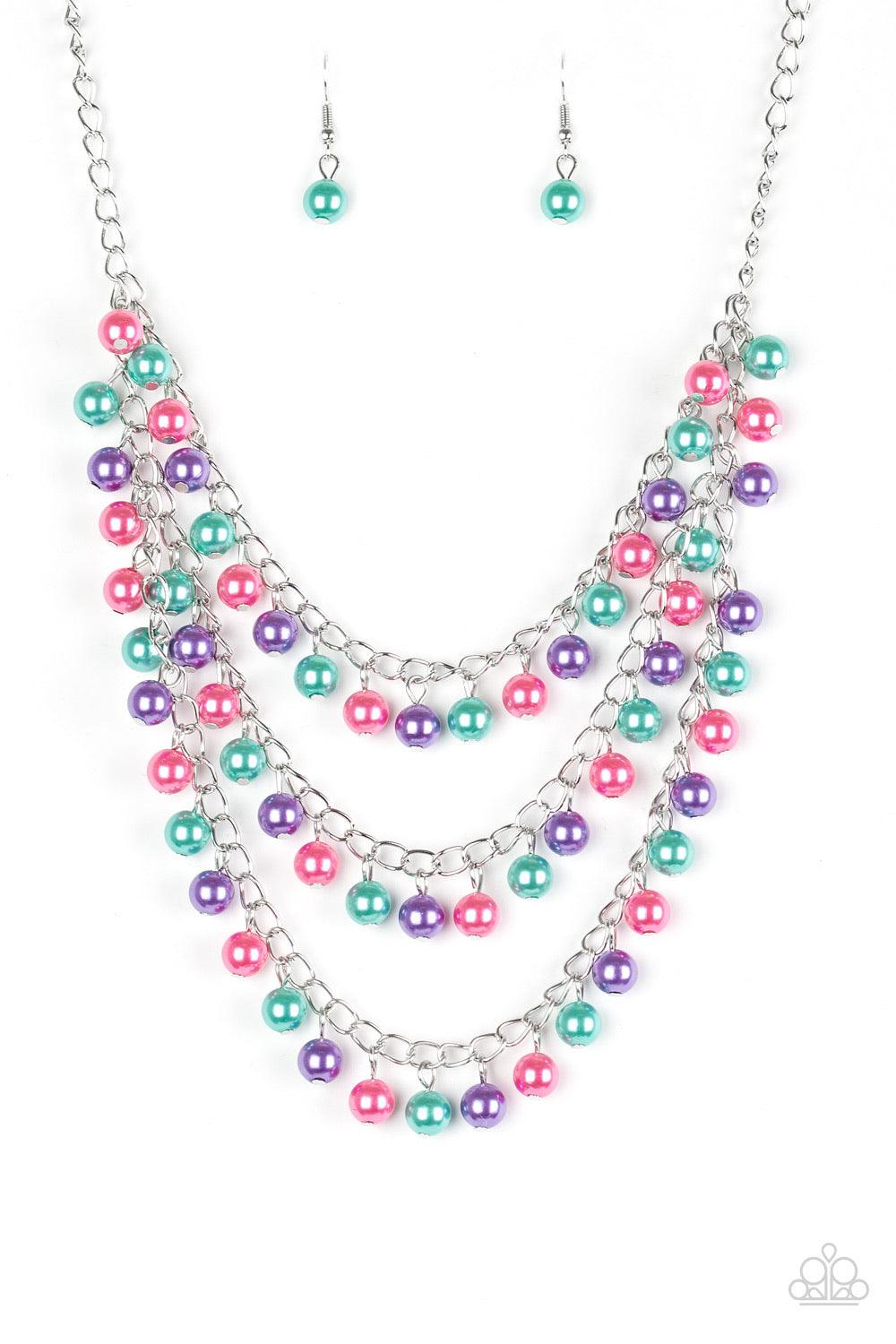 Paparazzi Accessories Chicly Classic - Multi Classic green, pink, and purple pearls trickle from three shimmery chains below the collar, adding a timeless twist to a traditional pearl palette. Features an adjustable clasp closure. Jewelry