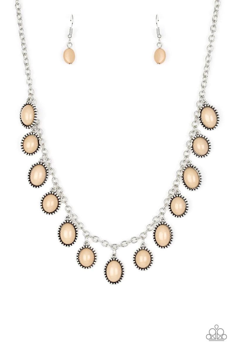 Paparazzi Accessories Make Some ROAM! - Brown Infused with studded silver frames, round and oval brown beads swing from a shimmery silver chain, creating a colorful fringe below the collar. Features an adjustable clasp closure. Sold as one individual neck