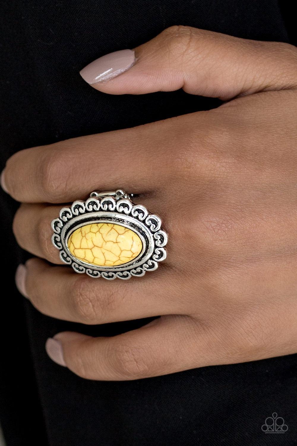 Paparazzi Accessories Madly Namad - Yellow A sunny yellow stone is pressed into the center of a glistening silver frame swirling with floral detail for a seasonal look. Features a dainty stretchy band for a flexible fit. Jewelry