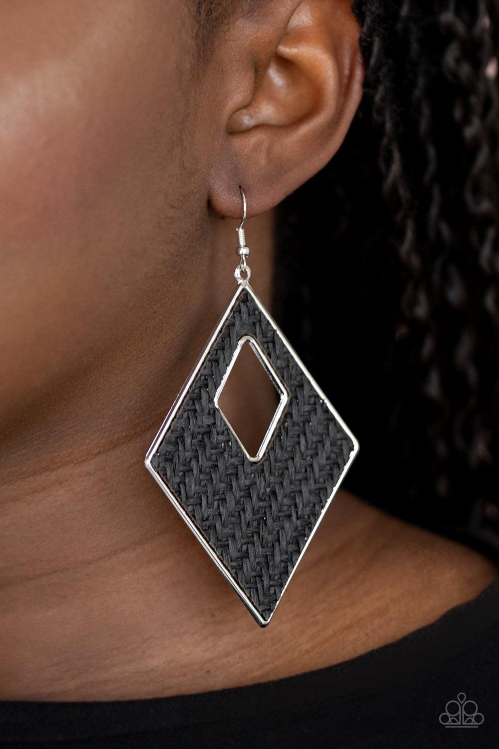 Paparazzi Accessories Woven Wanderer - Black Featuring a wicker-like pattern, black thread weaves across the front of a silver diamond-shape frame for a trendsetting look. Earring attaches to a standard fishhook fitting. Sold as one pair of earrings. Earr