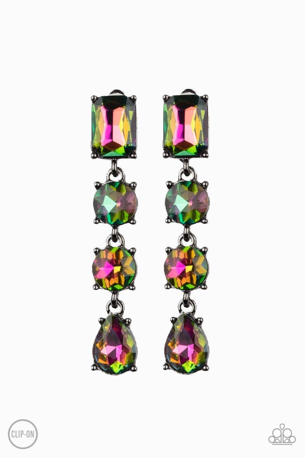 Paparazzi Accessories Make A-LIST - Multi *Clip-On Featuring a colorful oil spill finish, a collection of emerald, round, and teardrop cut rhinestones drip from the ear, connecting into a glamorous lure. Earring attaches to a standard clip-on fitting. Sol