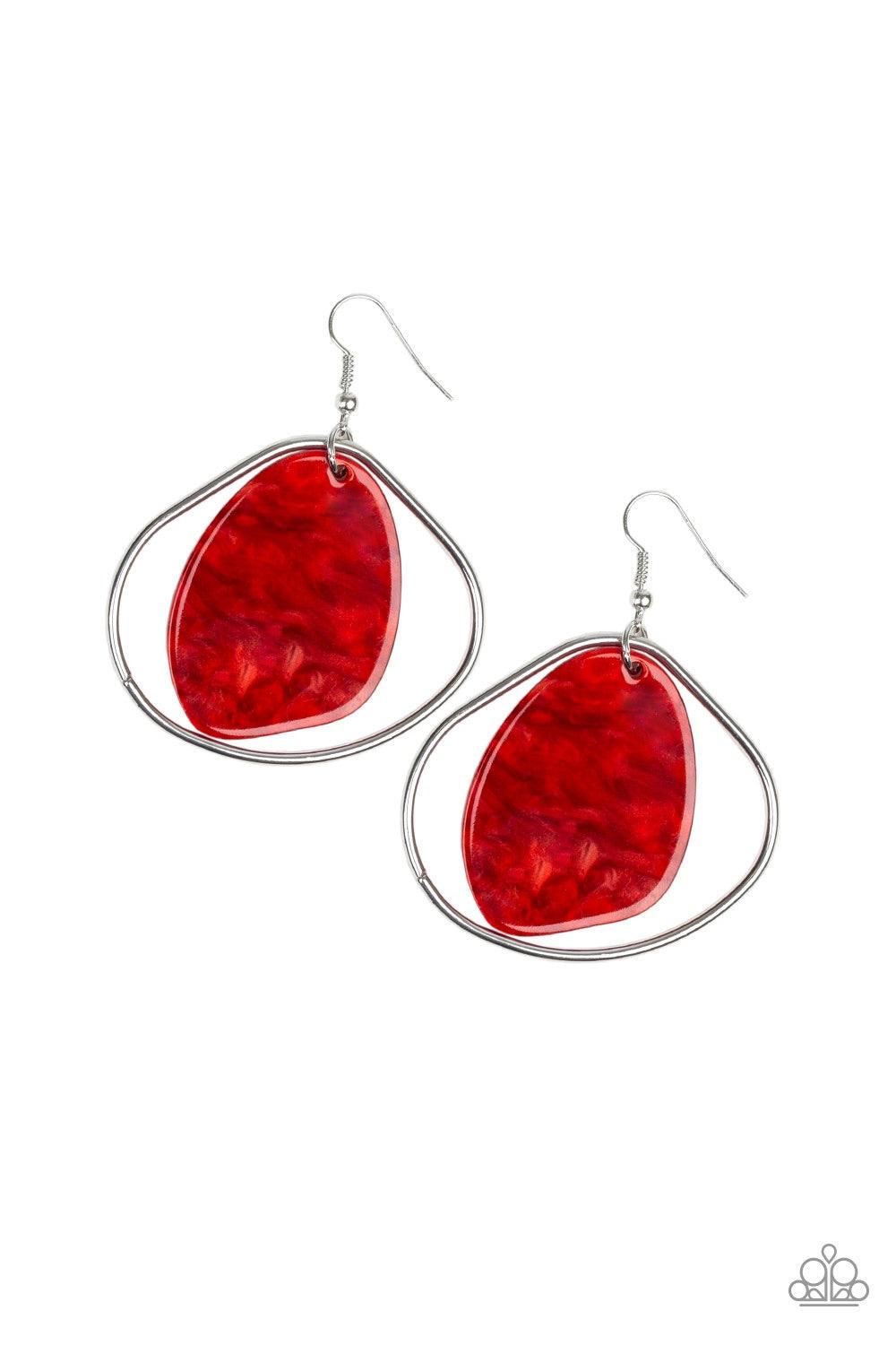 Paparazzi Accessories HAUTE Toddy - Red Brushed in a red shell-like iridescence, an abstract acrylic frame swings from the top of an asymmetrical silver hoop for a seasonal flair. Earring attaches to a standard fishhook fitting. Jewelry