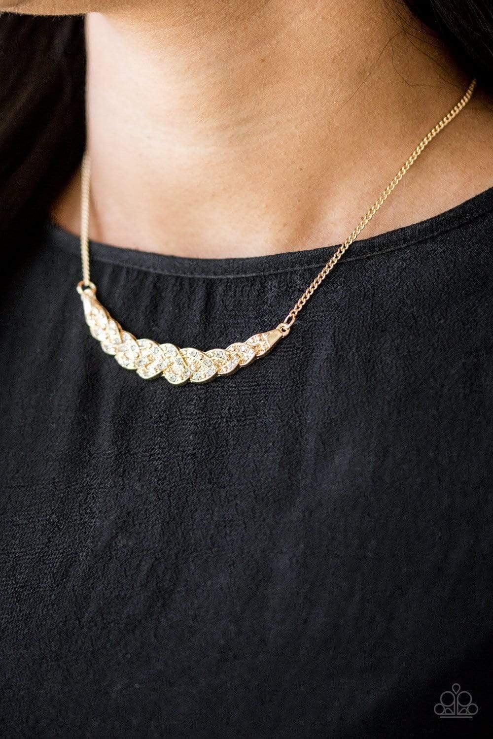 Paparazzi Accessories Whatever Floats Your Yacht - Gold Encrusted in glassy white rhinestones, studded gold bars braid into a bowing pendant below the collar for a refined fashion. Features an adjustable clasp closure. Jewelry
