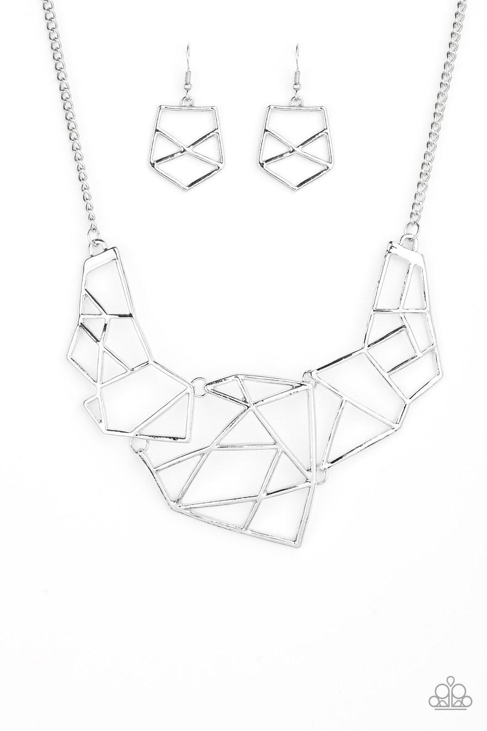 Paparazzi Accessories World Shattering ~Silver Shattered silver plates link below the collar, coalescing into an edgy geometric pendant. Features an adjustable clasp closure. Sold as one individual necklace. Includes one pair of matching earrings.