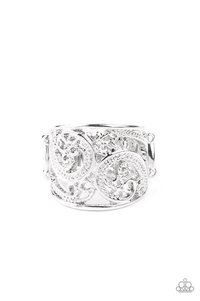 Paparazzi Accessories Turning The Tides - Silver Featuring a shiny silver finish, smooth and dotted filigree patterns whirl and swirl across the finger for a whimsical fashion. Features a stretchy band for a flexible fit. Sold as one individual ring. Jewe