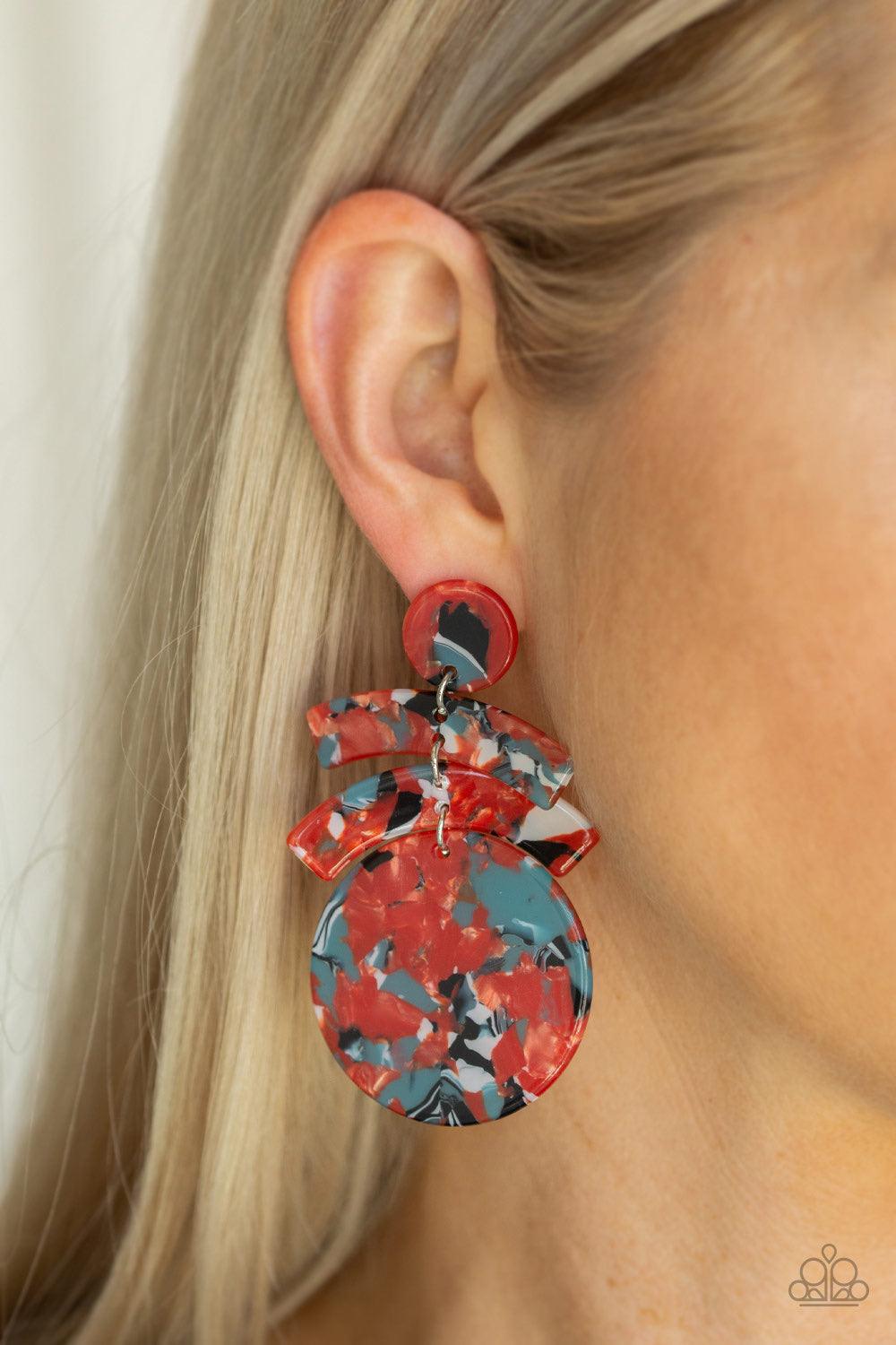 Paparazzi Accessories In The HAUTE Seat - Orange Featuring a faux-marble finish, shiny acrylic frames link into an abstract lure for a retro look. Earring attaches to a standard post fitting. Color may vary. Jewelry