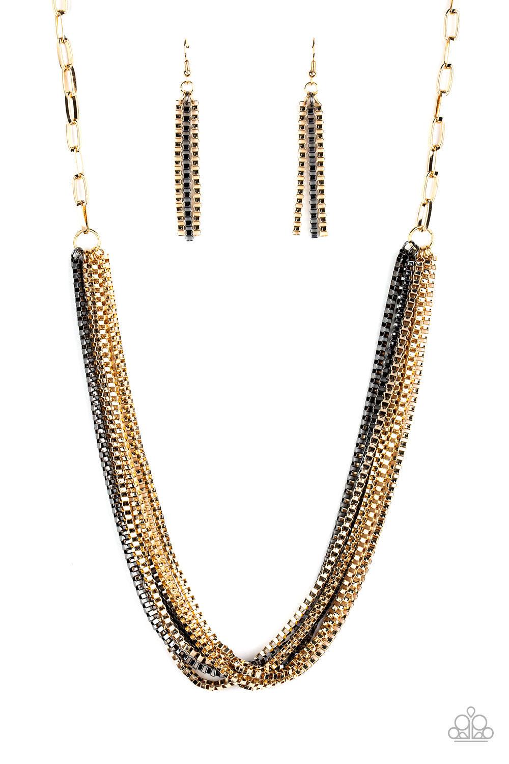 Paparazzi Accessories Beat Box Queen - Gold Attached to a thick gold chain, a collision of gunmetal and gold box chains layer below the collar for an edgy mix. Features an adjustable clasp closure. Sold as one individual necklace. Includes one pair of mat