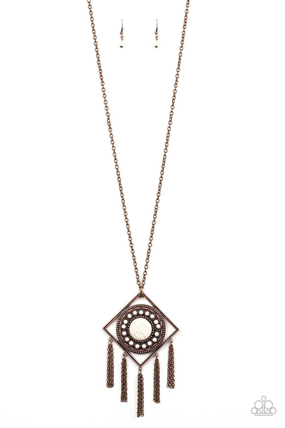 Paparazzi Accessories Sandstone Solstice - Copper Radiating with studded details and refreshing white stones, a round frame is nestled inside of an airy copper square for a tribal inspired look. Attached to a lengthened copper chain, the colorful stone pe