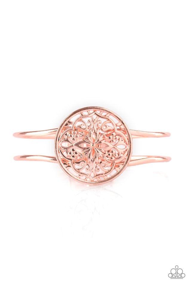 Paparazzi Accessories Mandala Majesty - Copper Brushed in a high-sheen finish, shiny copper filigree spins into a mandala like frame atop a dainty cuff for a whimsical look. Features a hinged closure. Jewelry