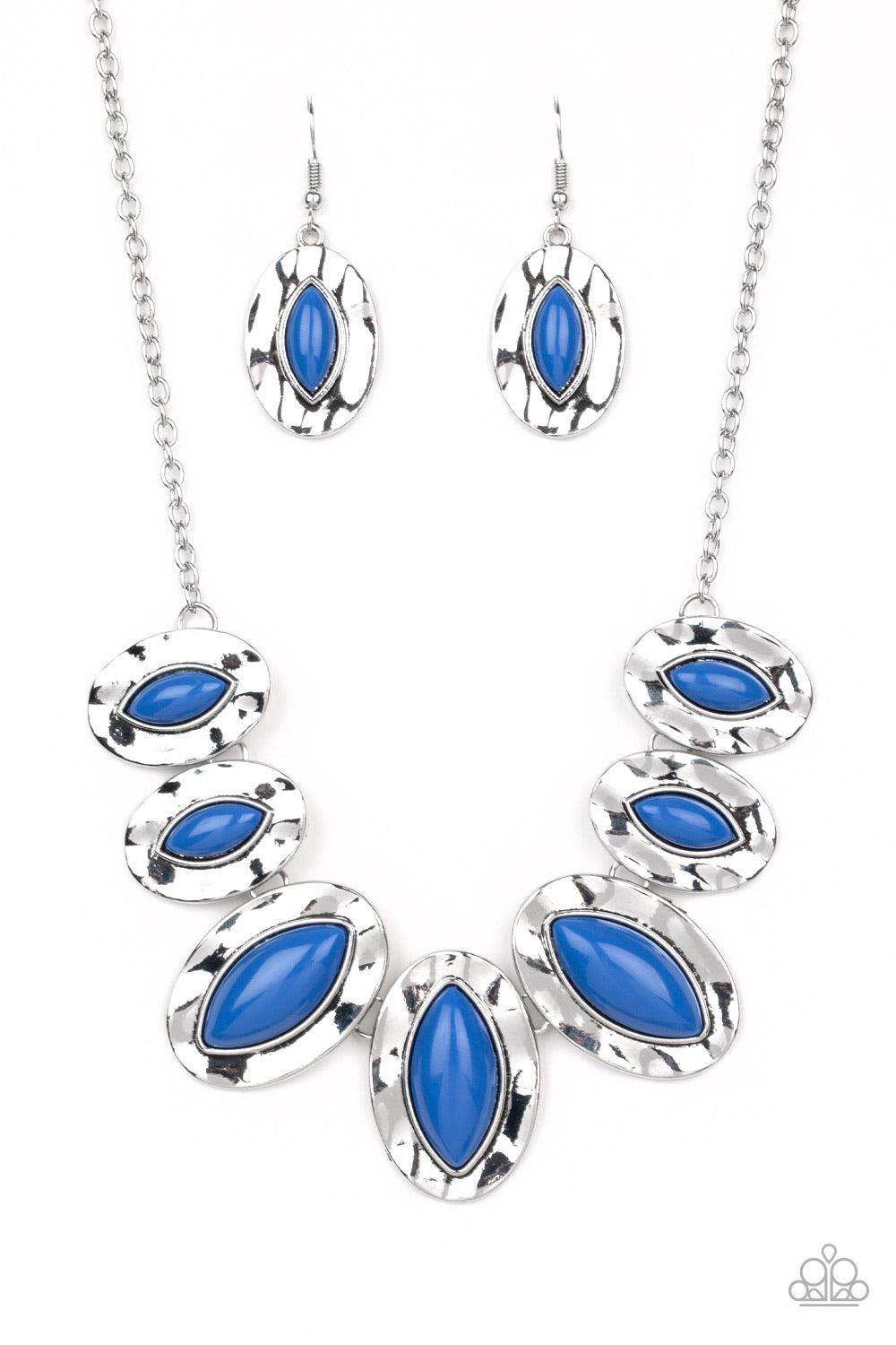 Paparazzi Accessories Terra Color - Blue Dotted with Galaxy Blue beads, a collection of hammered geometric frames gradually increase in size as they fan out below the collar for a boldly colorful look. Features an adjustable clasp closure. Sold as one ind