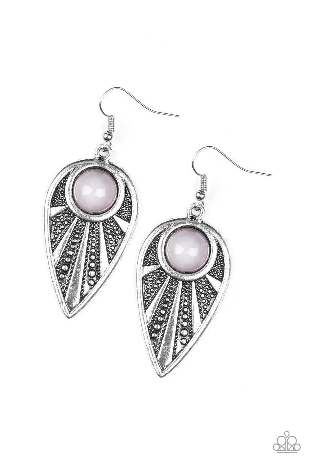 Paparazzi Accessories Take a WALKABOUT - Silver A polished gray bead is pressed into the top of an ornate silver teardrop radiating with studded textures for a tribal inspired look. Earring attaches to a standard fishhook fitting. Sold as one pair of earr