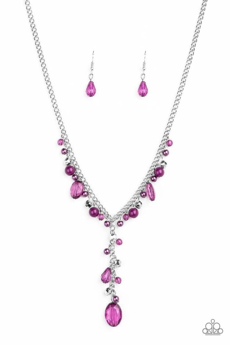 Paparazzi Accessories Crystal Couture - Purple Mismatched polished purple beads, crystal-like beads, and faceted silver beads dance along a shimmery silver chain. Matching beading trickles along a single silver chain, creating a romantic extended pendant