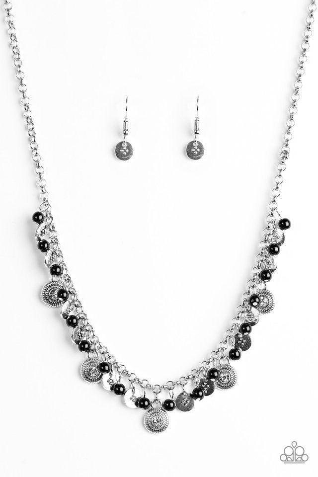 Paparazzi Accessories Fashion Formal - Black Dainty black beads and ornate silver discs swing from the bottom of a shimmery silver chain, creating a casual fringe below the collar. Featuring rhinestone centers, textured silver discs are sprinkled between