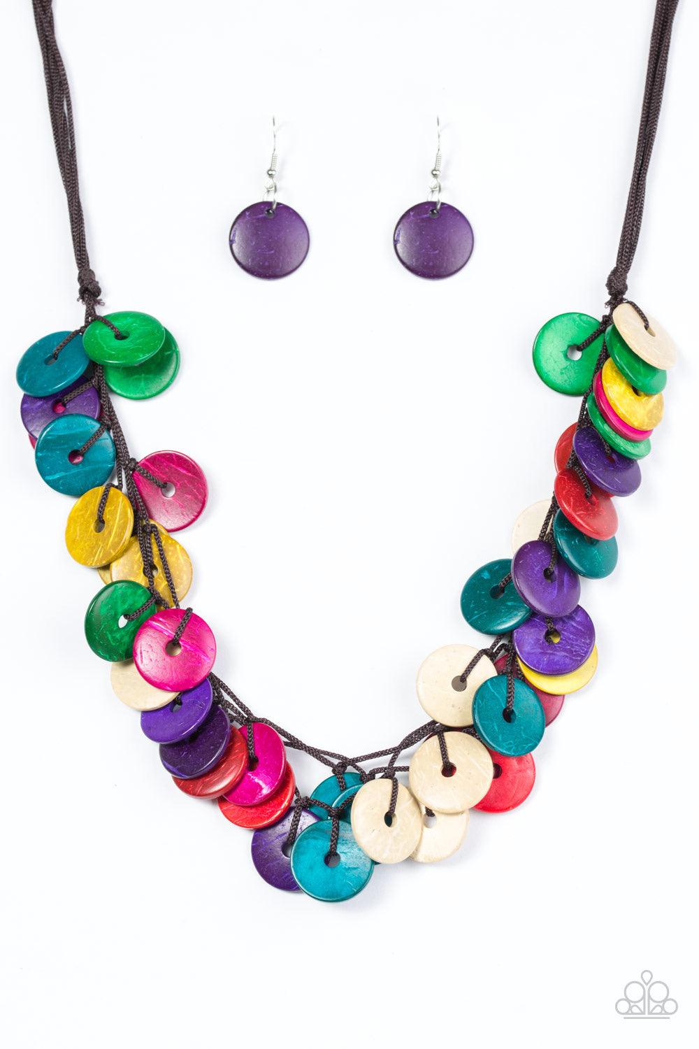 Paparazzi Accessories Jammin in Jamaica - Multi Shiny wooden discs brushed in brightly colored finishes trickle along shiny brown cording, creating clustered layers below the collar. Features a button-loop closure. Sold as one individual necklace. Include