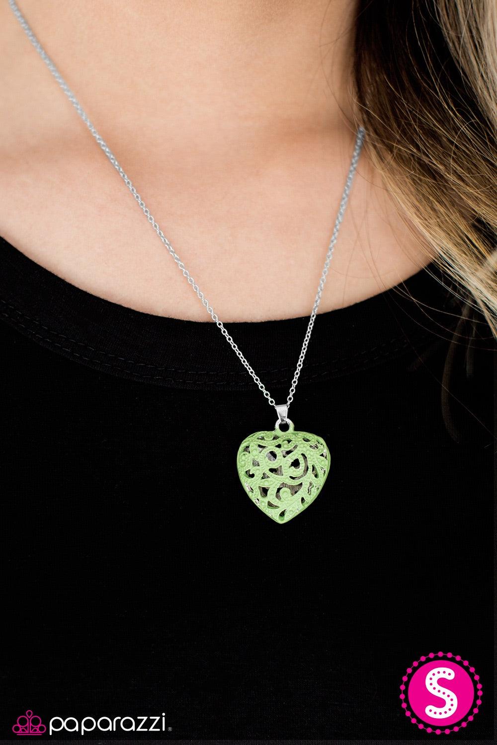 Paparazzi Accessories Work of HEART - Green Painted in a refreshing green finish, frilly filigree climbs a heart-shaped frame, creating a vintage inspired locket below the collar. Features an adjustable clasp closure. Jewelry