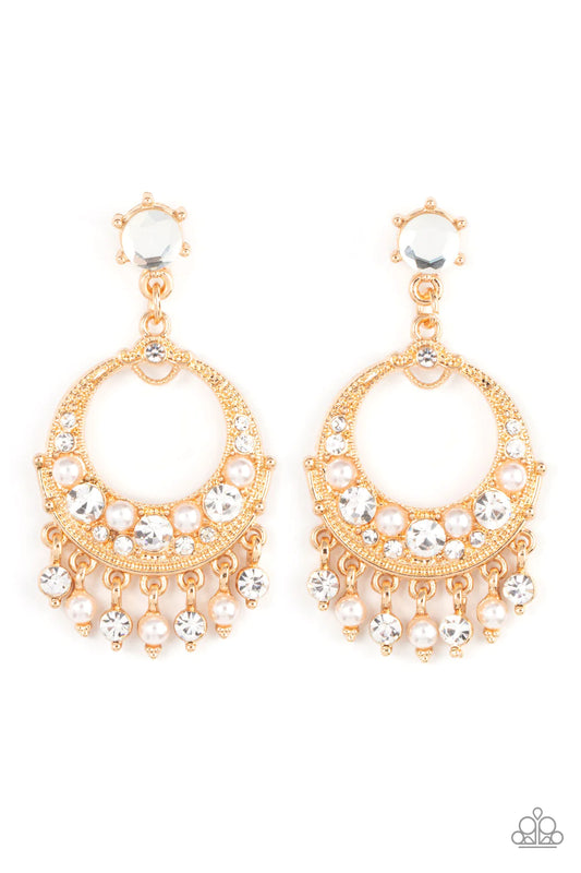 Paparazzi Accessories Marrakesh Request - Gold White pearl and white rhinestone dotted frames dance from the bottom of an ornate gold hoop encrusted in matching bubbly accents, resulting in a timeless fringe at the bottom of a solitaire white rhinestone.