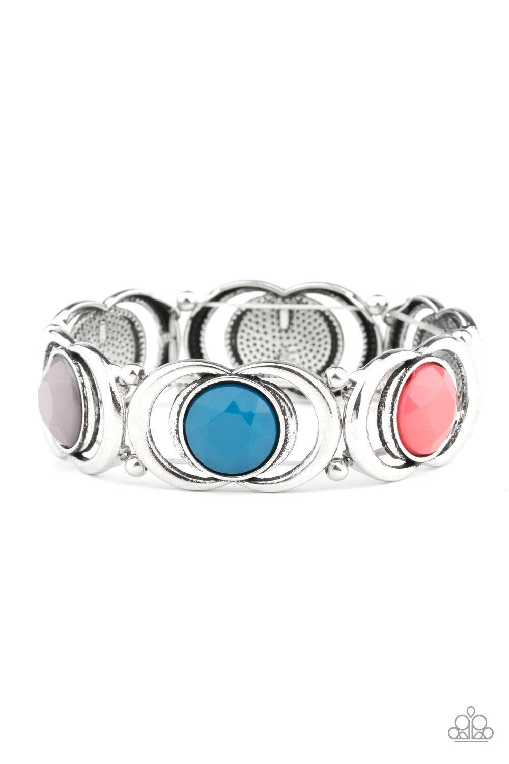 Paparazzi Accessories Modernly Malibu - Multi Faceted blue, pink, and gray beads are pressed into the center of interconnecting silver circles. Infused with dainty silver beads, the colorful frames are threaded along stretchy bands around the wrist for a