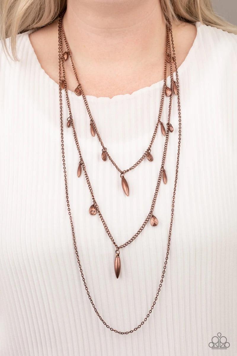 Paparazzi Accessories Bravo Bravado - Copper Sections of shiny silver, polished purple, and glassy beads trickle along a shimmery silver chain along the chest for a flirtatious look. Features an adjustable clasp closure. Sold as one individual necklace. I