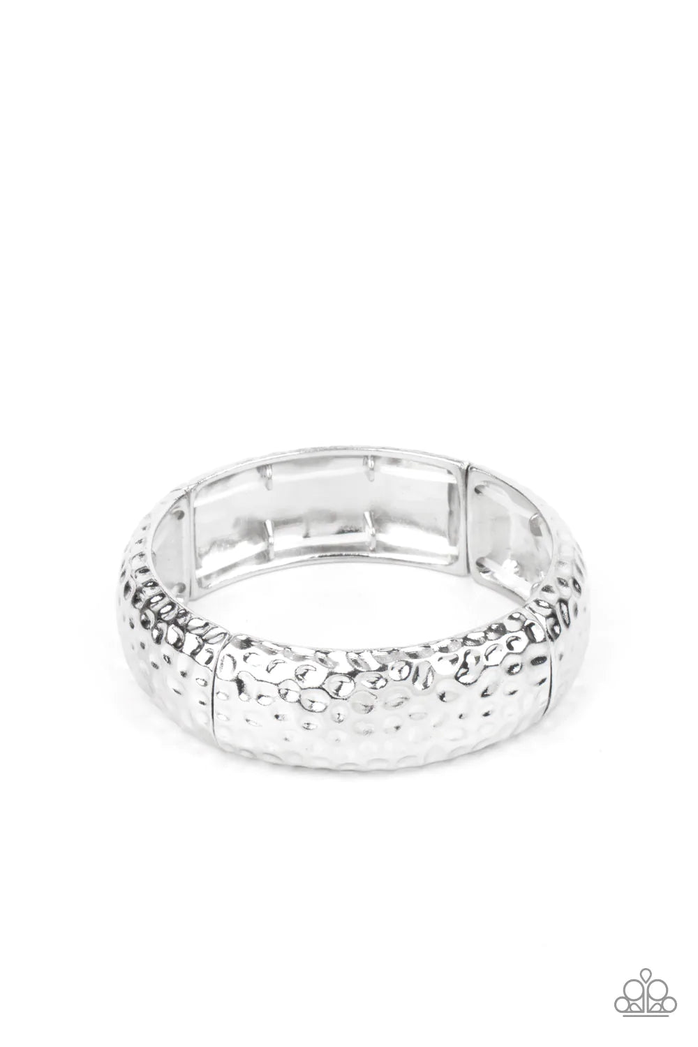 Paparazzi Accessories Come Under The Hammer - Silver Hammered in rustic textures, curved silver rectangular frames are threaded along stretchy bands around the wrist for an artisan inspired look. Sold as one individual bracelet. Jewelry