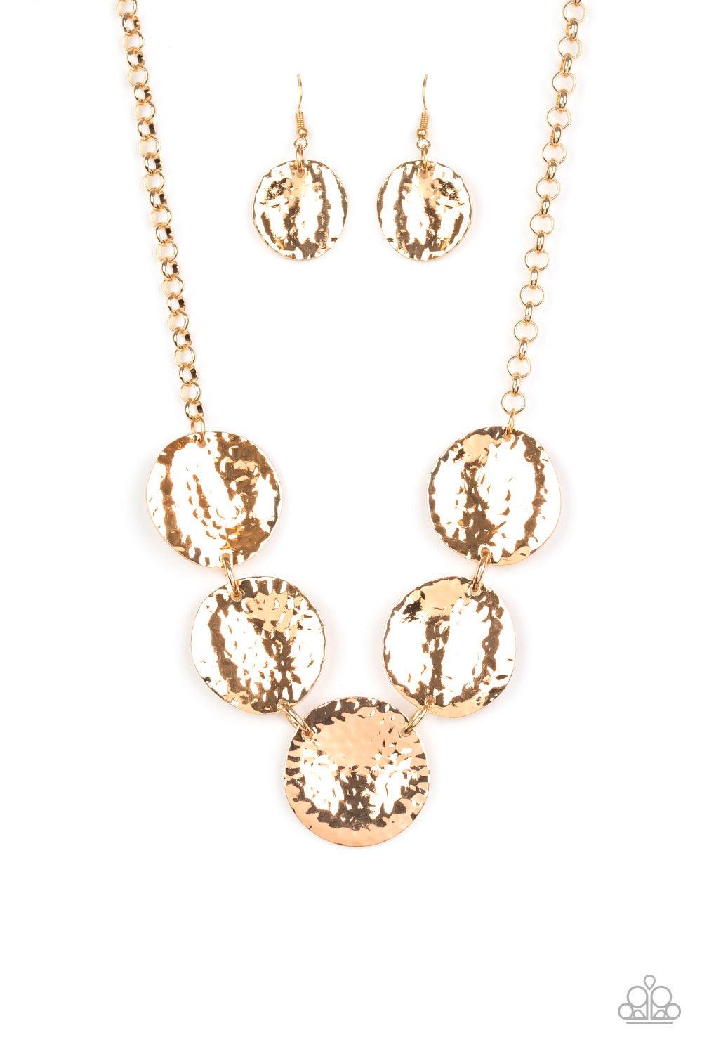 Paparazzi Accessories First Impressions - Gold Featuring a hammered high-sheen finish, imperfect round gold frames link below the collar for a casual look. Features an adjustable clasp closure. Jewelry