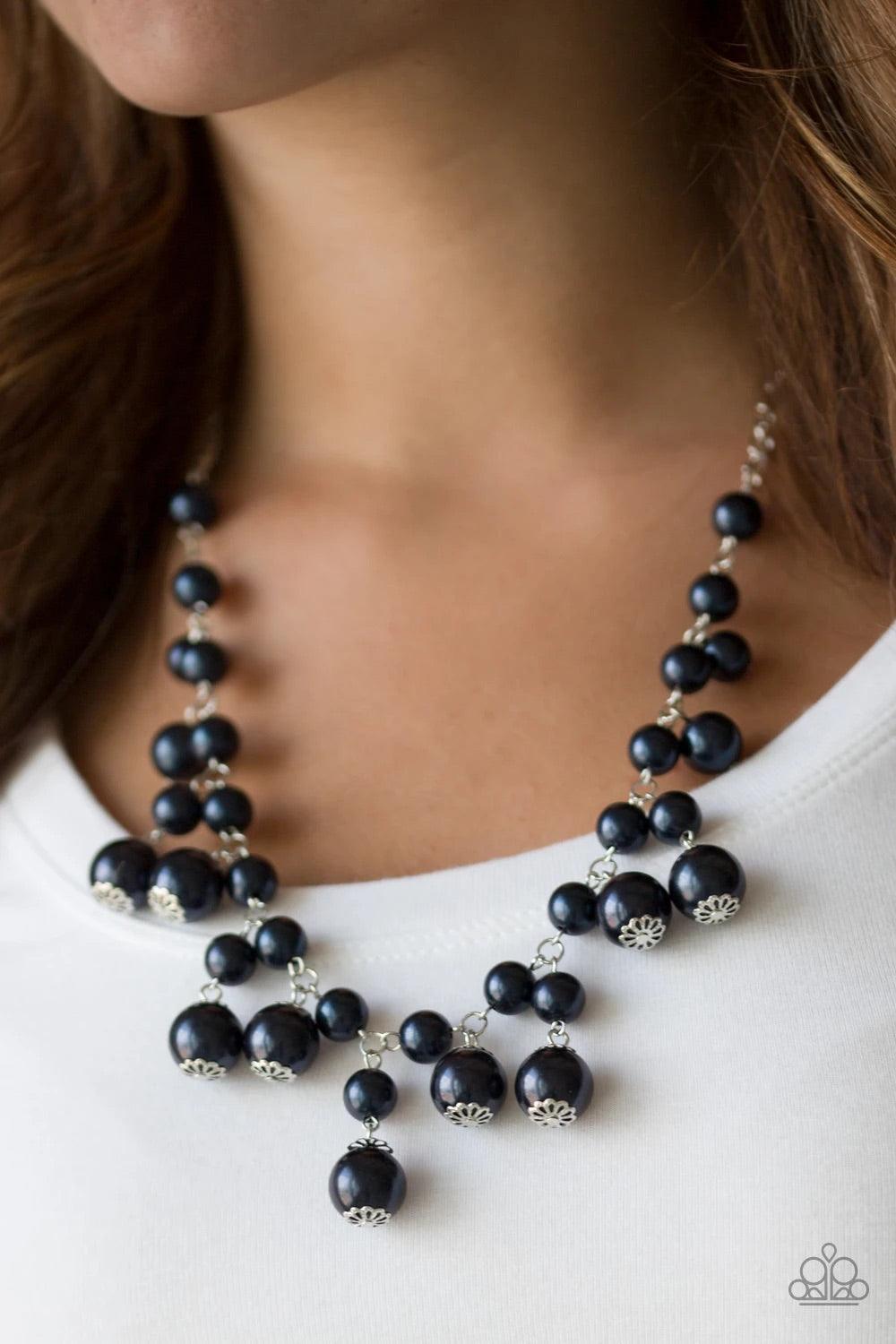 Paparazzi Accessories Soon To Be Mrs. - Blue Varying in size, bubbly blue pearls swing from the bottom of a classic strand of pearls, creating a refined fringe below the collar. Features an adjustable clasp closure. Sold as one individual necklace. Includ