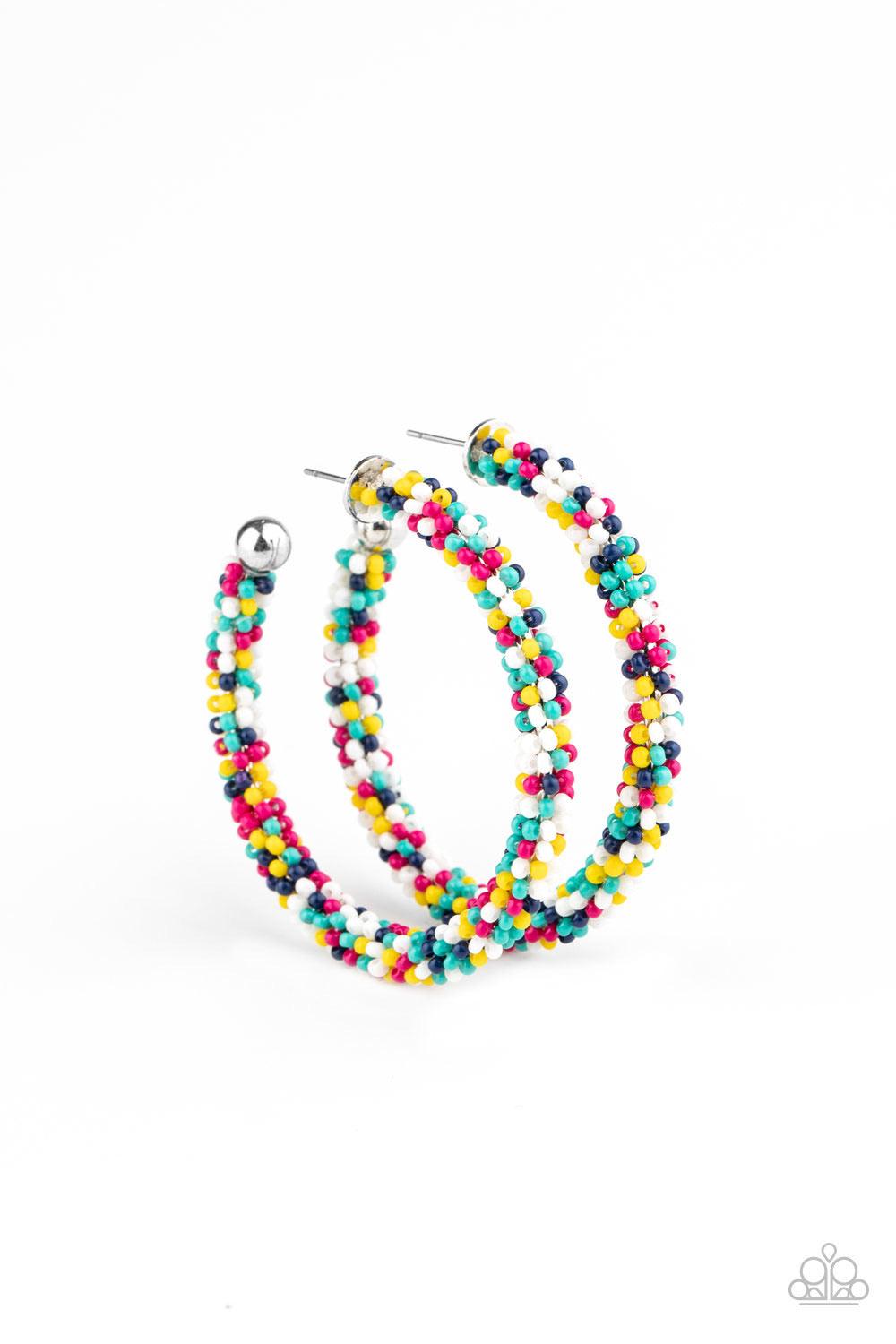 Paparazzi Accessories BEAD My Lips - Multi A dainty collection of turquoise, Blue Depths, yellow, Pink Peacock, and white seed beads colorfully adorns a classic hoop for a beautifully beaded look. Earring attaches to a standard post fitting. Hoop measures