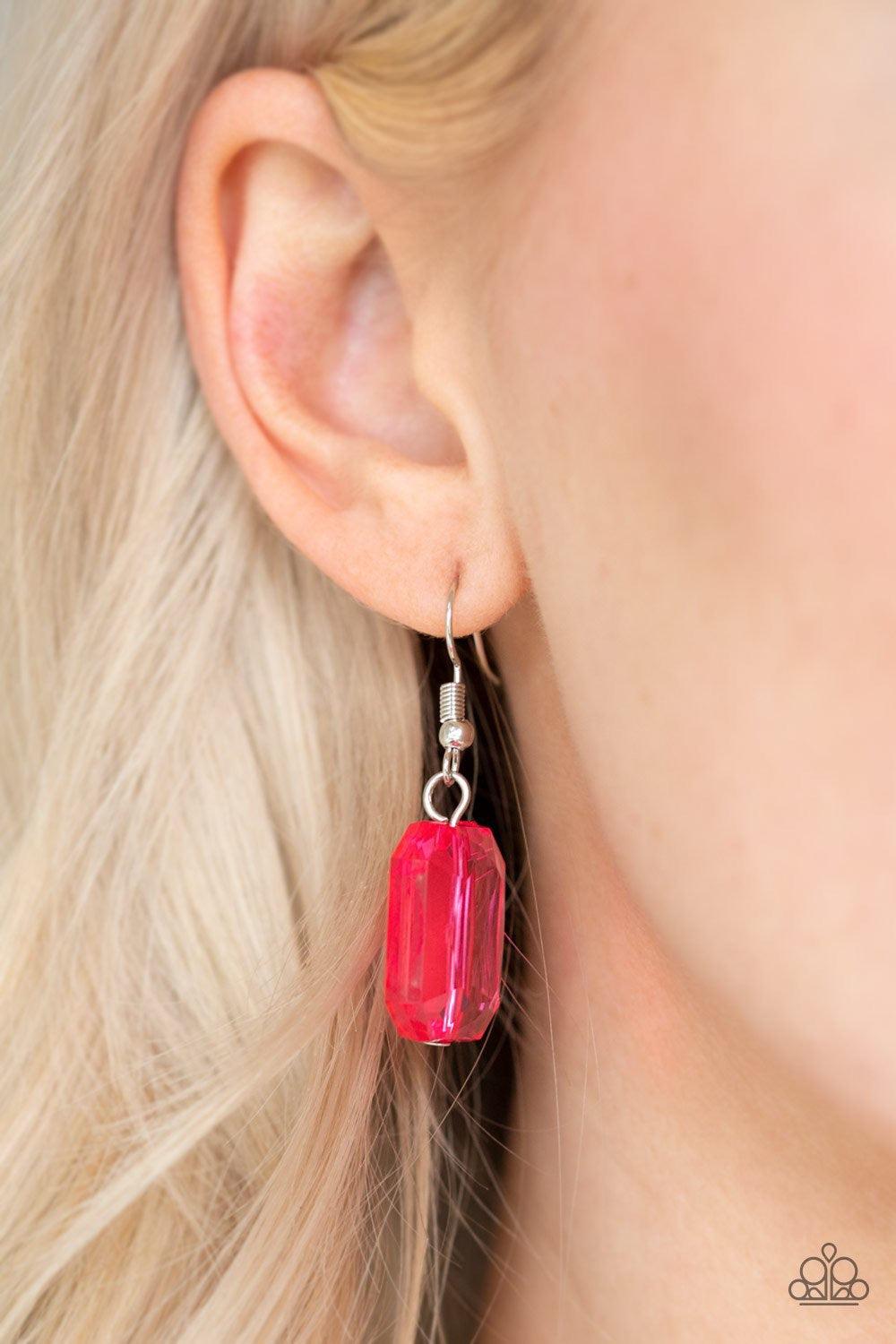 Paparazzi Accessories ICE Versa - Pink Infused with dainty silver beads, glassy pink emerald-cut beads gradually increase in size as they drape below the collar. Features an adjustable clasp closure. Jewelry