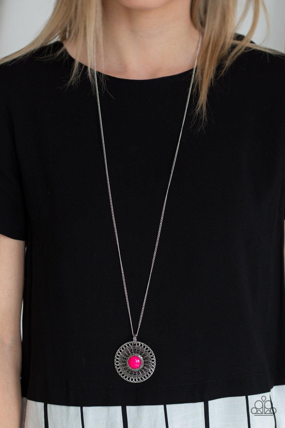 Paparazzi Accessories So Solar ~Pink A vivacious pink bead is pressed into the center of a silver medallion radiating with ornate sunburst textures for a whimsical look. Features an adjustable clasp closure.