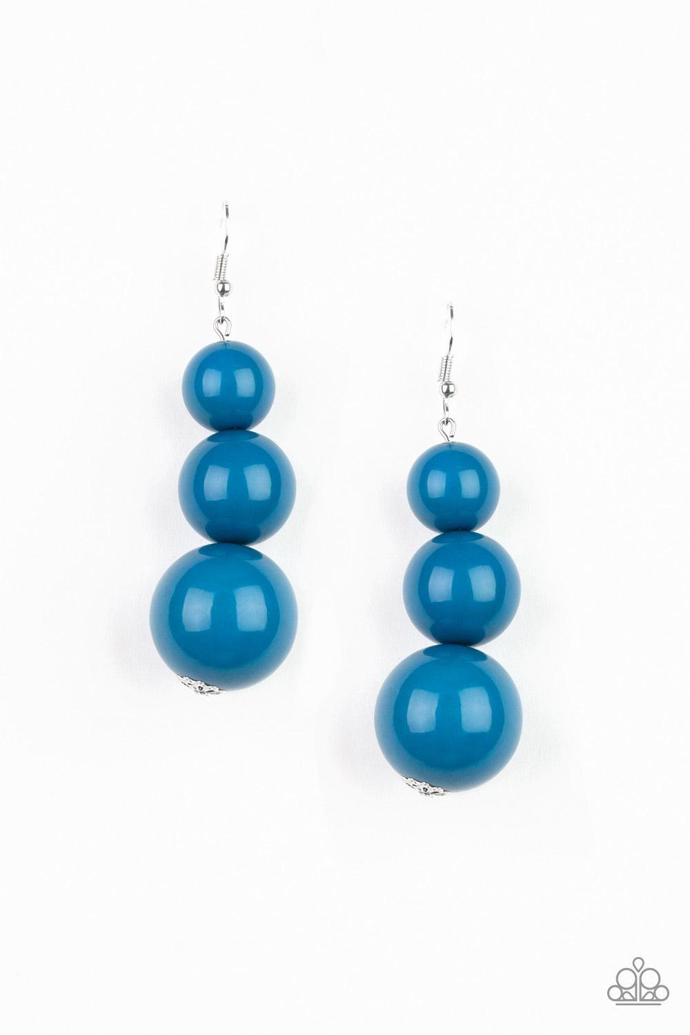 Paparazzi Accessories Material World - Blue Oversized blue beads gradually increase in size as they drip from the ear, coalescing into a colorful statement piece. Earring attaches to a standard fishhook fitting. Jewelry