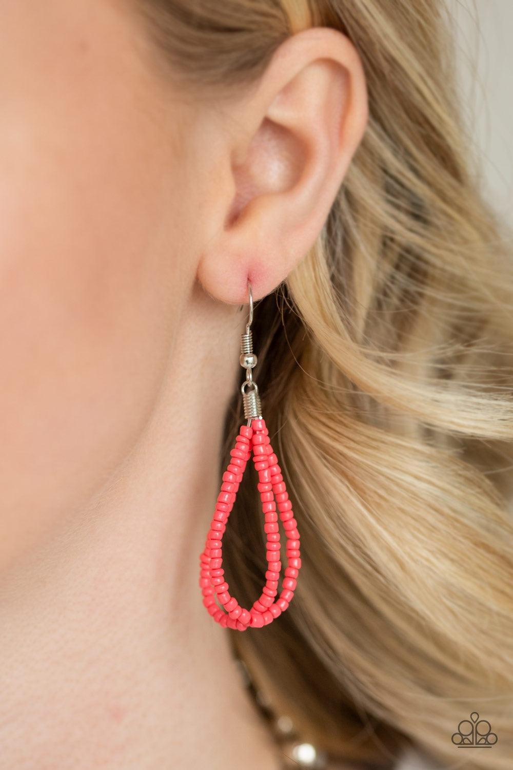 Paparazzi Accessories Savannah Surfin - Orange Glistening silver beads give way to strands of twisted Living Coral seed beads below the collar for a summery flair. Features an adjustable clasp closure. Jewelry