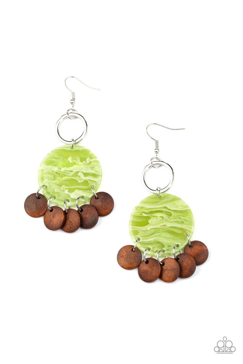 Paparazzi Accessories Beach Waves - Green Brown wooden discs dangle from the bottom of a green acrylic frame that attaches to a shimmery silver ring, creating a beach inspired look. Earring attaches to a standard fishhook fitting. Sold as one pair of earr