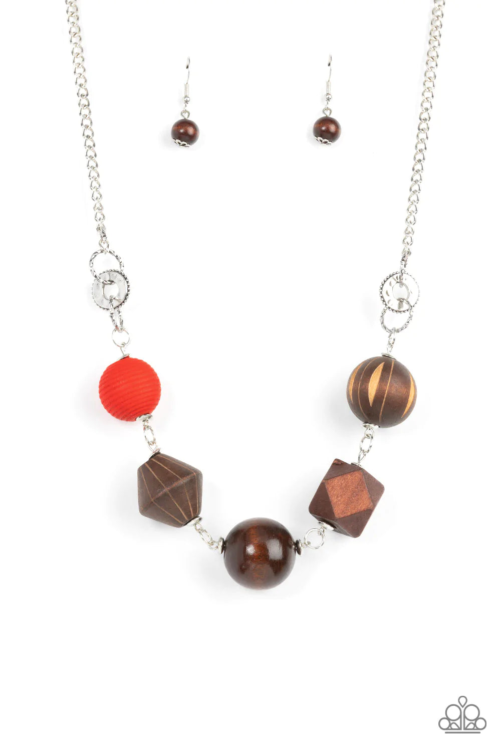 Paparazzi Accessories Eco Extravaganza - Red Infused with a solitaire red wooden bead, a mismatched assortment of studded silver hoops, textured silver rings, and oversized brown wooden beads delicately connect across the chest for a stylishly handcrafted