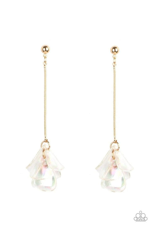 Paparazzi Accessories Keep Them In Suspense - Gold Iridescent acrylic petals delicately cluster at the bottom of a shiny gold chain, creating an ethereal tassel. Earring attaches to a standard post fitting. Sold as one pair of post earrings. Jewelry
