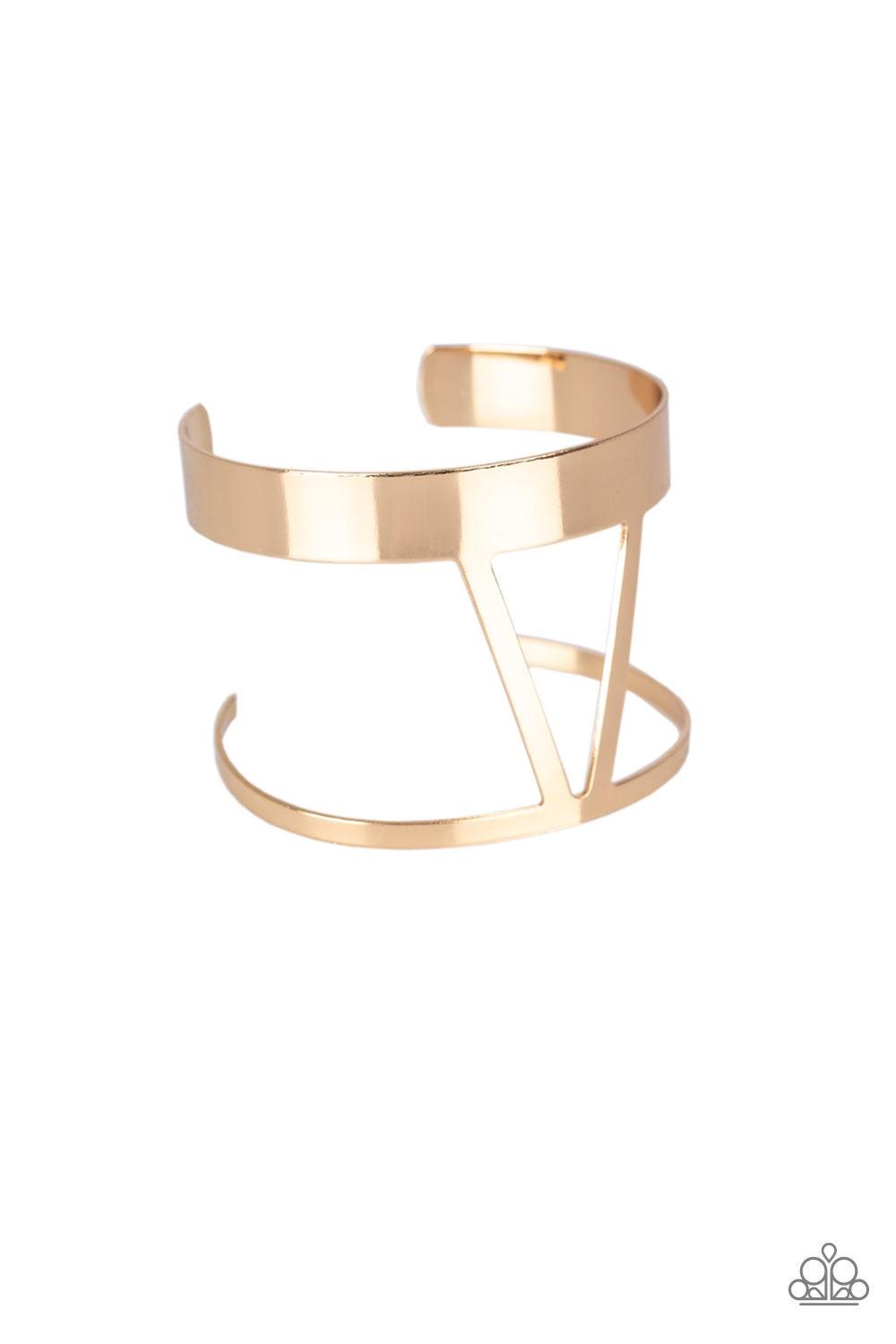 Paparazzi Accessories Rural Ruler - Gold Brushed in a high-sheen shimmer, an airy geometrical gold cuff wraps around the wrist for a tribal inspired look. Jewelry