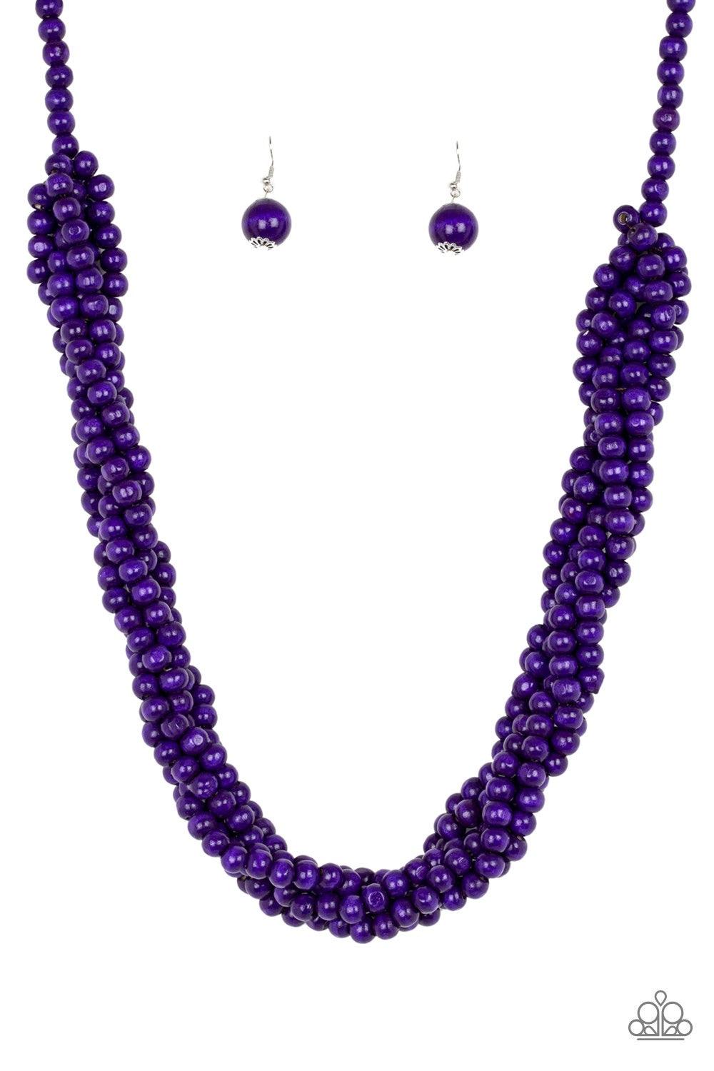 Paparazzi Accessories Tahiti Tropic - Purple Brushed in a flirty purple finish, strands of vivacious wooden beads subtly twist across the chest for a summery look. Jewelry