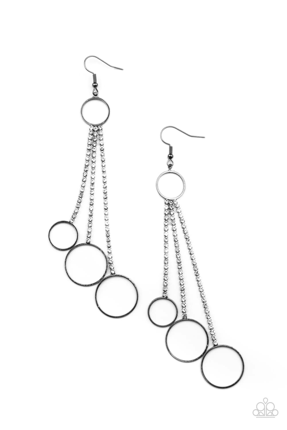 Paparazzi Accessories Demurely Dazzling - Black Dainty gunmetal hoops swing from the bottom of glittery strands of glassy white rhinestones that attach to the bottom of a dainty gunmetal ring, creating a tantalizing tassel. Earring attaches to a standard