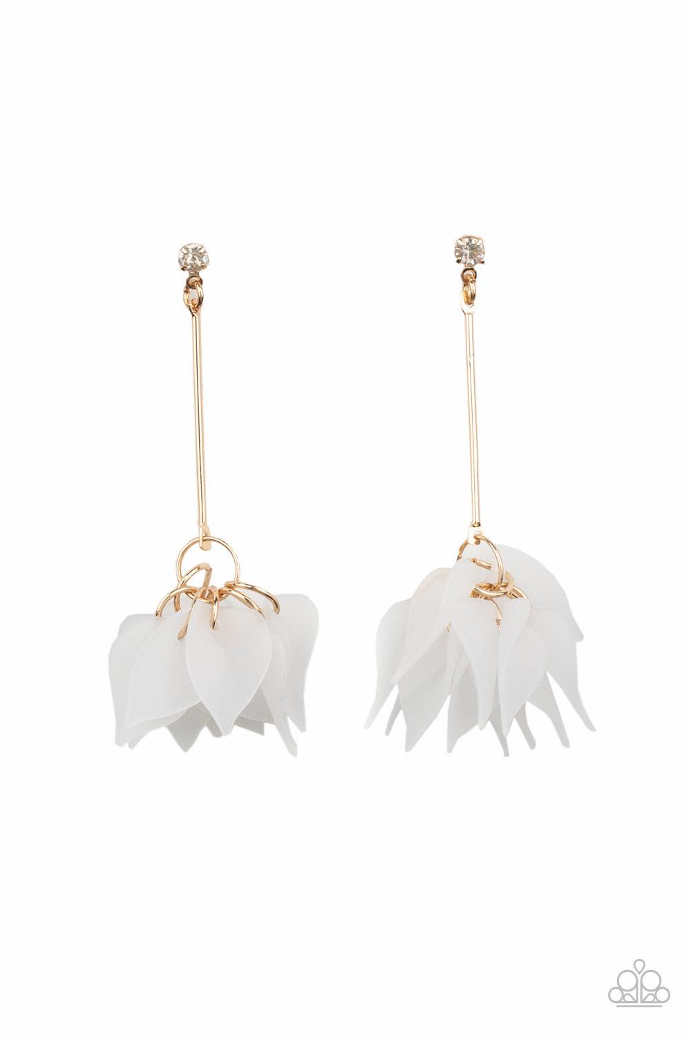 Paparazzi Accessories Suspended in Time - Gold A collection of curving white acrylic petals cluster at the bottom of a golden rod that is attached to a dainty white rhinestone for a refined finish. Earring attaches to a standard post fitting. Sold as one