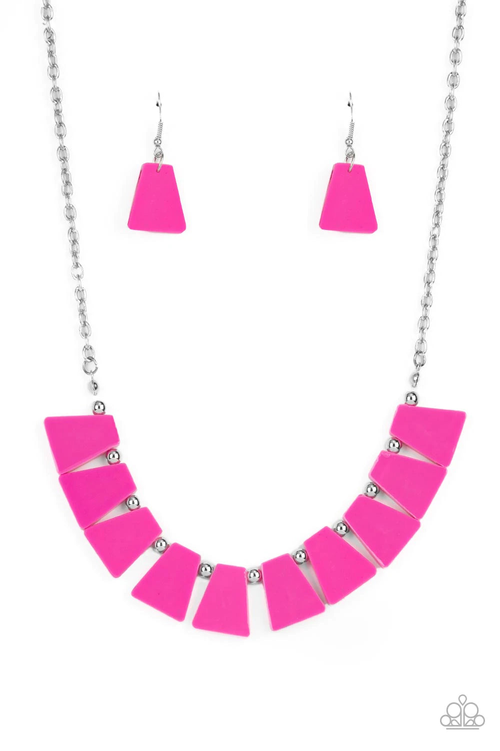 Paparazzi Accessories Vivaciously Versatile - Pink Flared Fuchsia Fedora acrylic frames alternate with dainty silver beads along an invisible wire below the collar, creating a flamboyant fringe. Features an adjustable clasp closure. Sold as one individual