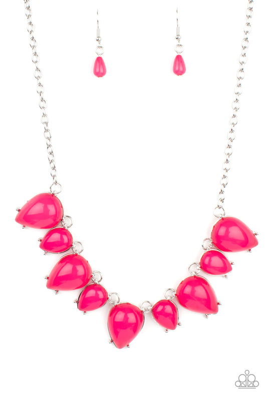 Paparazzi Accessories Pampered Poolside - Pink Featuring silver pronged fittings, large and medium glassy pink teardrops fan out below the collar, creating a vibrant fringe. Features an adjustable clasp closure. Sold as one individual necklace. Includes o