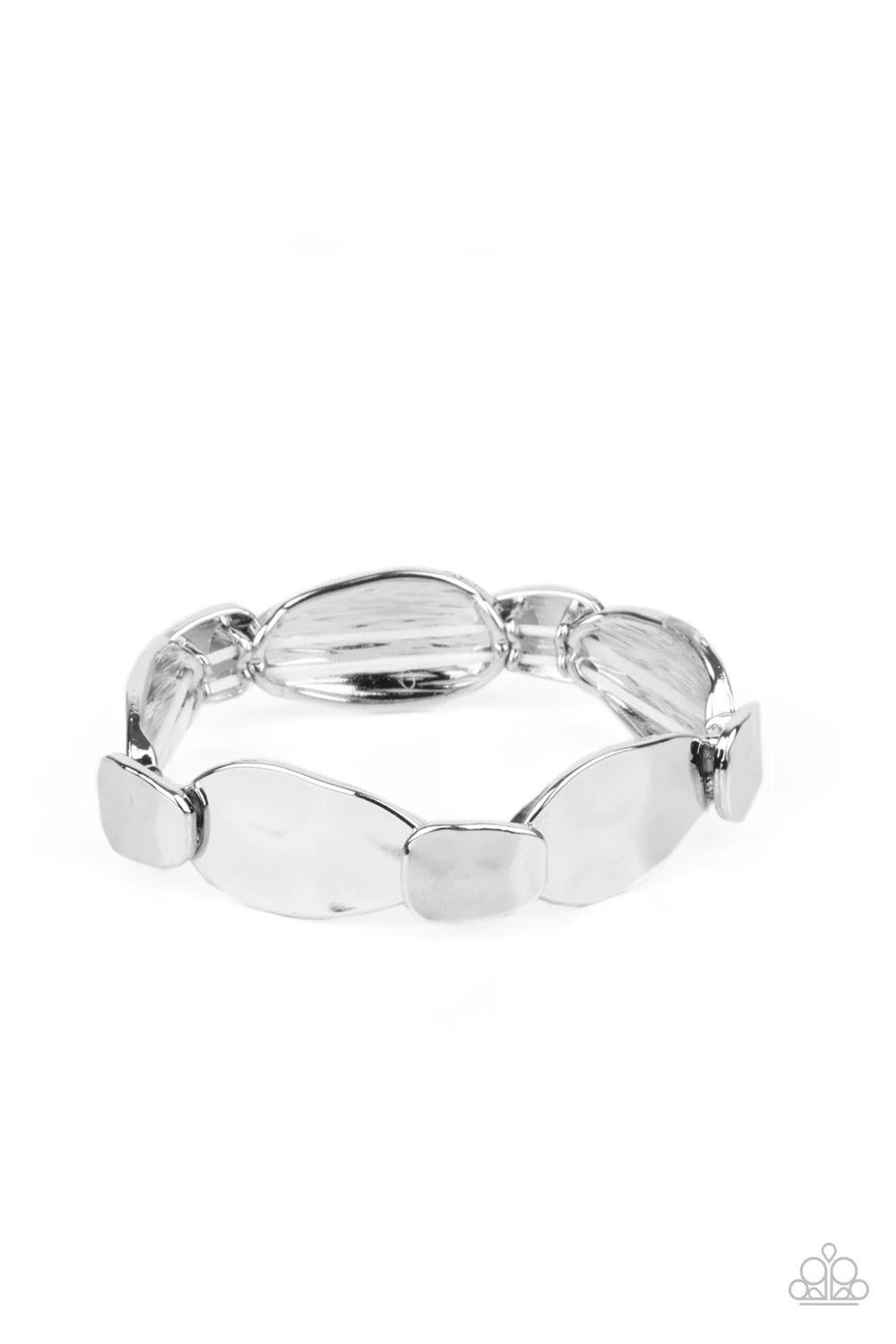 Paparazzi Accessories Absolutely Appliqué - Silver Hammered in shimmery details, asymmetrical shiny silver frames delicately overlap along stretchy bands around the wrist for an artisan inspired look. Sold as one individual bracelet. Jewelry