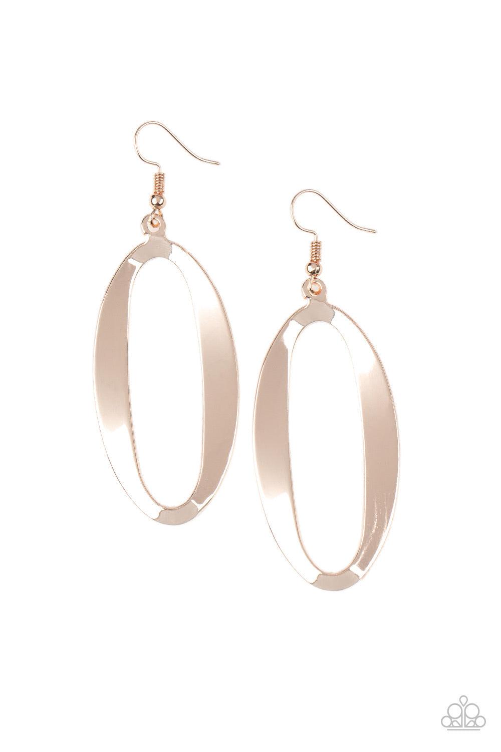 Paparazzi Accessories OVAL My Head - Rose Gold A hammered rose gold ribbon delicately connects into a classic oval hoop for a casual look. Earring attaches to a standard fishhook fitting. Sold as one pair of earrings. Jewelry