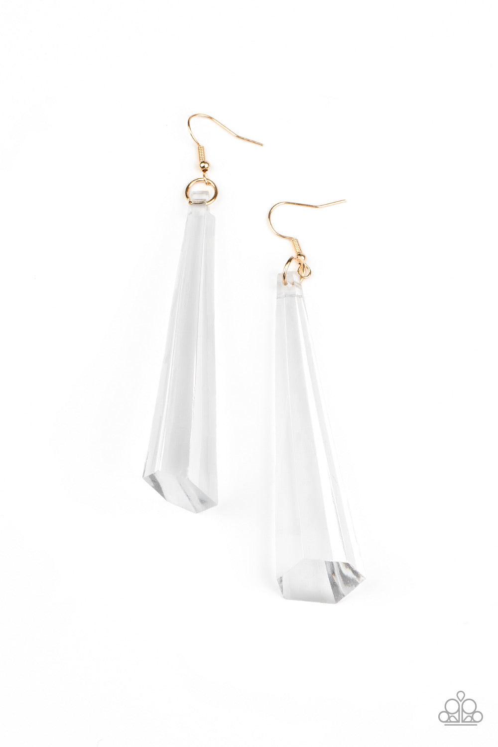 Paparazzi Accessories Break The Ice - Gold Featuring an asymmetrical cone shape, a faceted elongated crystal-like frame swings from the ear for a jaw-dropping look. Earring attaches to a standard fishhook fitting. Sold as one pair Jewelry