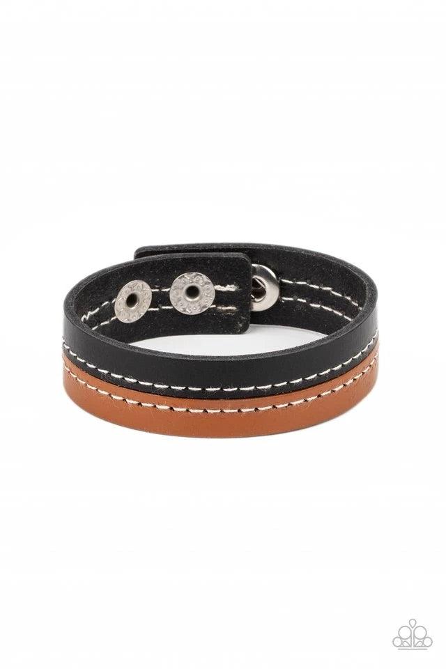Paparazzi Accessories Simply Safari - Black Strands of tan and black leather are stitched together, creating a rugged display around the wrist. Features an adjustable snap closure. Sold as one individual bracelet. Jewelry