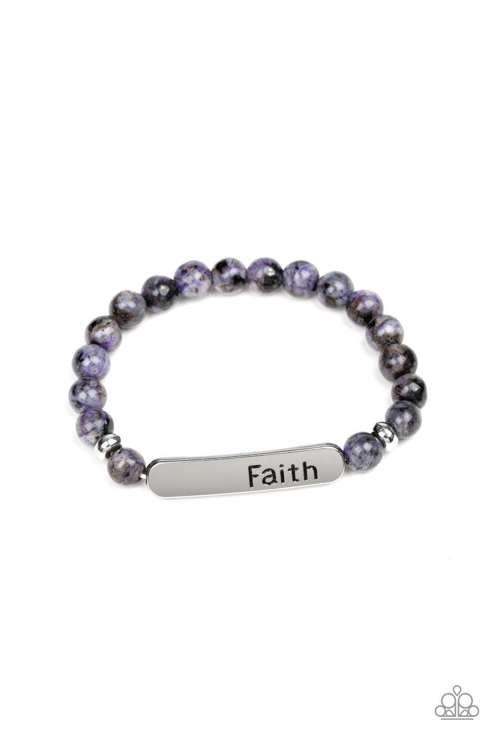 Paparazzi Accessories Faith All Things - Purple A collection of purple stones, dainty silver beads, and a silver plate stamped with the inspirational word, "faith", are threaded along a stretchy band around the wrist for a seasonal look. Jewelry