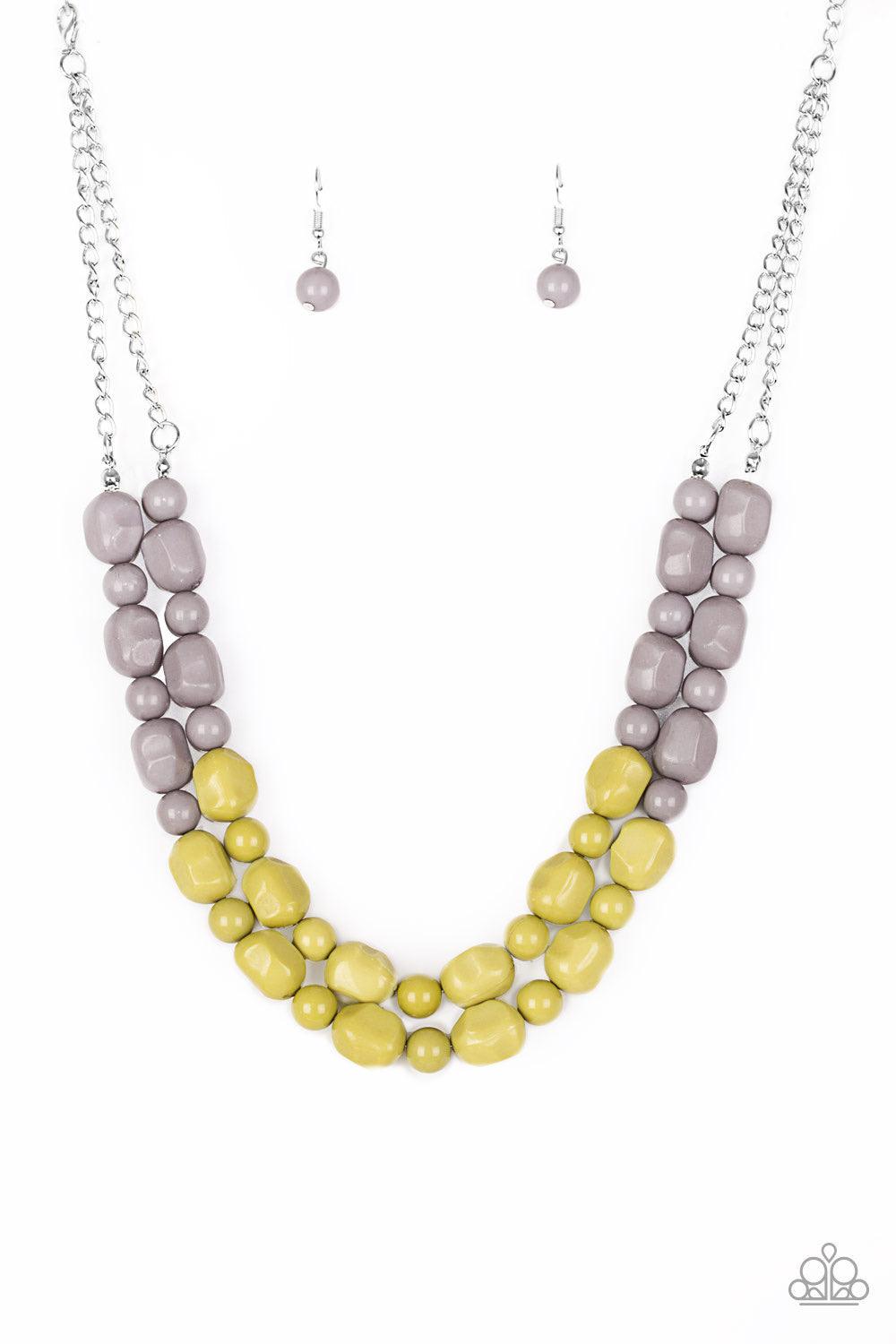 Paparazzi Accessories Island Excursion - Green Tiers of round and abstract gray beading give way to green beading, creating a cascading complementary ombre-effect below the collar. Features an adjustable clasp closure. Jewelry