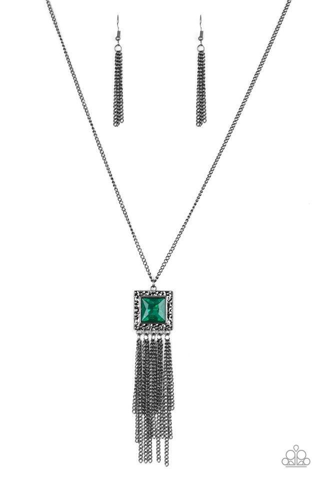 Paparazzi Accessories Shimmer Sensei - Green Featuring metallic rope-like patterns, an ornate bangle-like cuff curls around the wrist. Refreshing white stones dot the center of the ornate frame for a seasonal flair. Features a hinged closure. Jewelry