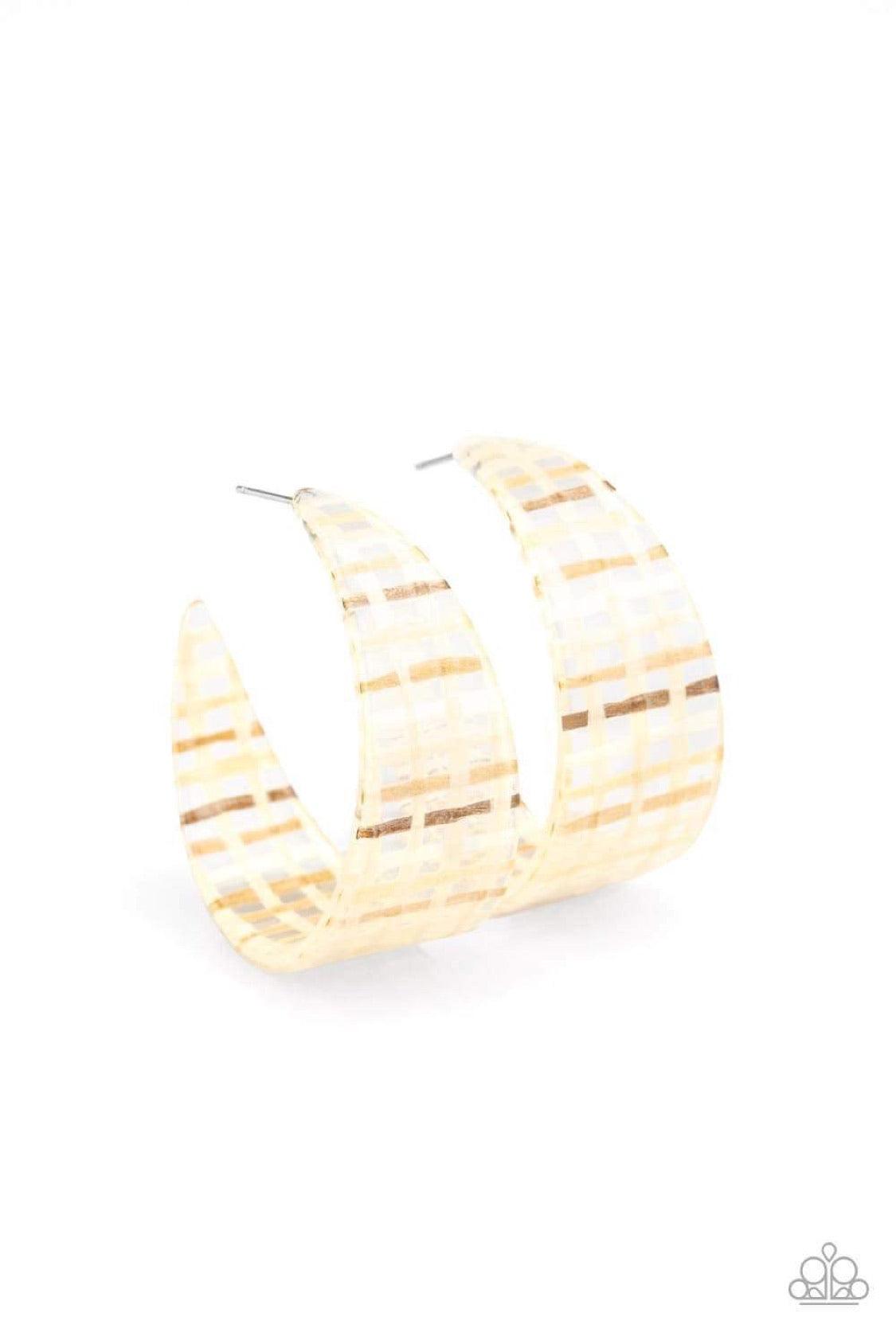 Paparazzi Accessories Retro Remedy - Multi Featuring an Almond Oil wicker-like pattern, a clear acrylic hoop curls around the ear for a retro look. Earring attaches to a standard post fitting. Hoop measures approximately 1 1/2" in diameter. Sold as one pa
