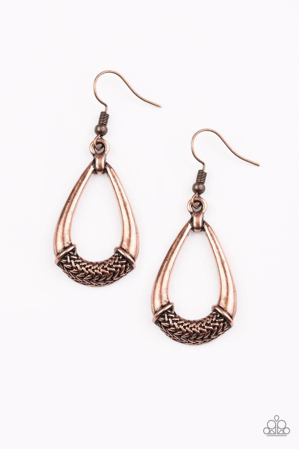 Paparazzi Accessories Trending Texture ~Copper The center of a glistening copper teardrop is embossed in a metallic rope-like pattern for an artisan inspired look. Earring attaches to a standard fishhook fitting. Sold as one pair of earrings.