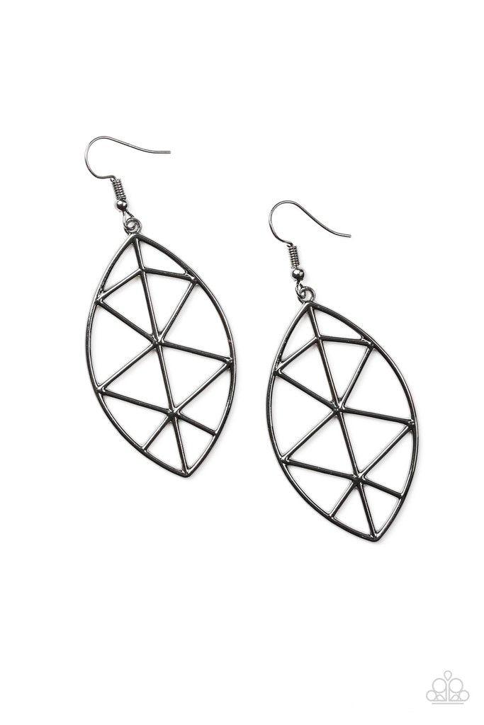 Paparazzi Accessories Unbreakable ~Black Featuring a shattered geometric pattern, a gunmetal frame swings from the ear in an airy fashion. Earring attaches to a standard fishhook fitting. Sold as one pair of earrings.