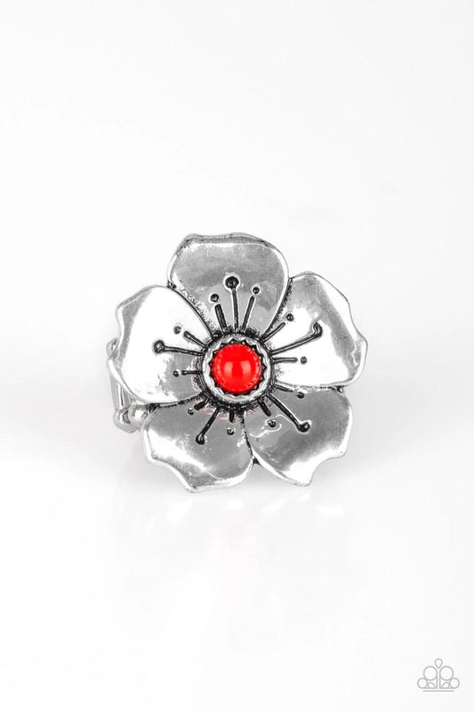 Paparazzi Accessories Boho Blossom - Red A bright red bead is pressed into the center of a blooming silver flower radiating with antiqued details for a whimsical look. Features a stretchy band for a flexible fit. Sold as one individual ring. Jewelry
